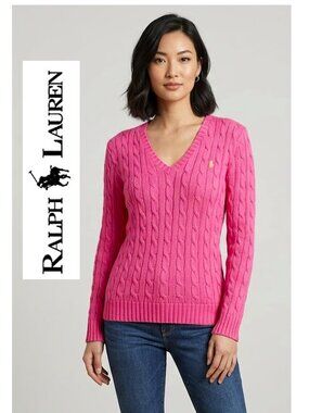 RALPH LAUREN SPORT - 100% cotton fuchsia pink cable knit sweater